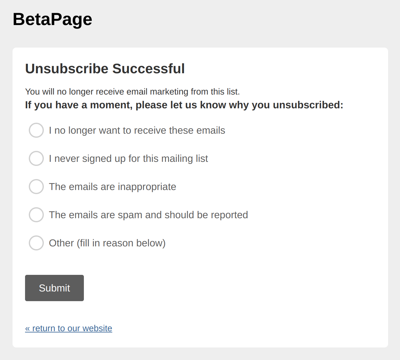 Example of a survey after an unsubscribe