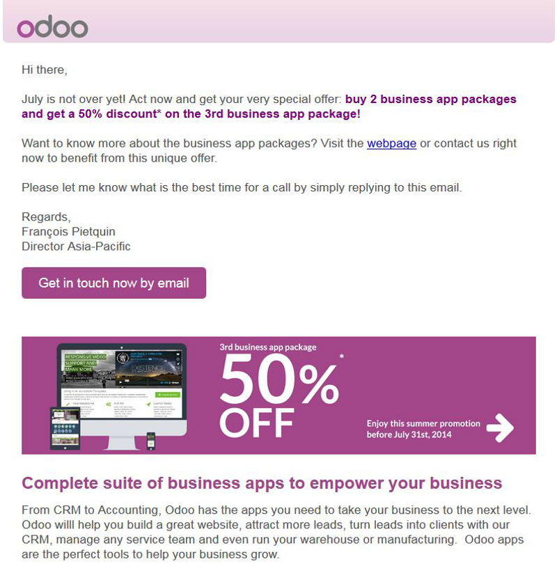 Promo email announcing discount